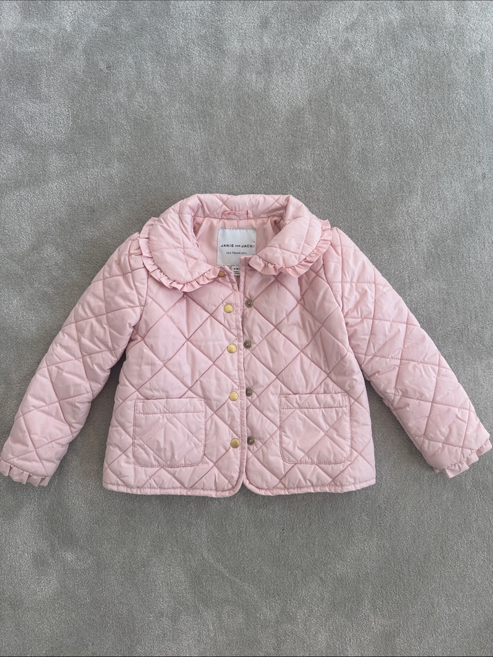 Janie and Jack Girls' Quilted Pink Jacket with Ruffle Collar, size 3T